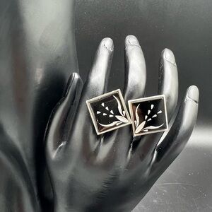 Silver tone and black enamel etched square cufflinks